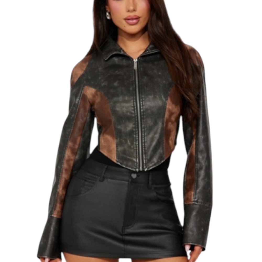 Fashion Nova Two-Tone Faux Leather Moto Jacket Medium Cropped Y2K Streetwear Z
